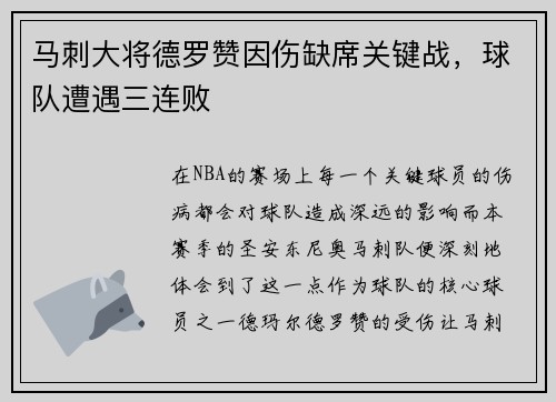 马刺大将德罗赞因伤缺席关键战，球队遭遇三连败