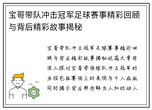 宝哥带队冲击冠军足球赛事精彩回顾与背后精彩故事揭秘