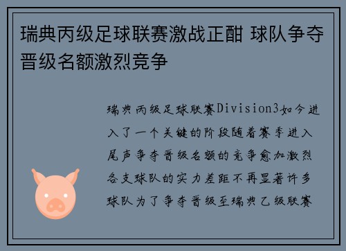 瑞典丙级足球联赛激战正酣 球队争夺晋级名额激烈竞争