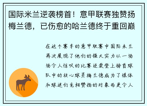 国际米兰逆袭榜首！意甲联赛独赞扬梅兰德，已伤愈的哈兰德终于重回巅峰表现