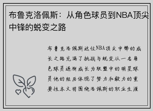 布鲁克洛佩斯：从角色球员到NBA顶尖中锋的蜕变之路