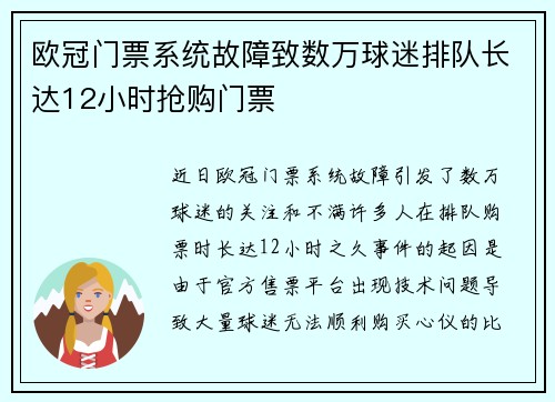 欧冠门票系统故障致数万球迷排队长达12小时抢购门票