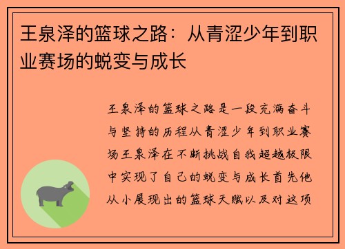 王泉泽的篮球之路：从青涩少年到职业赛场的蜕变与成长