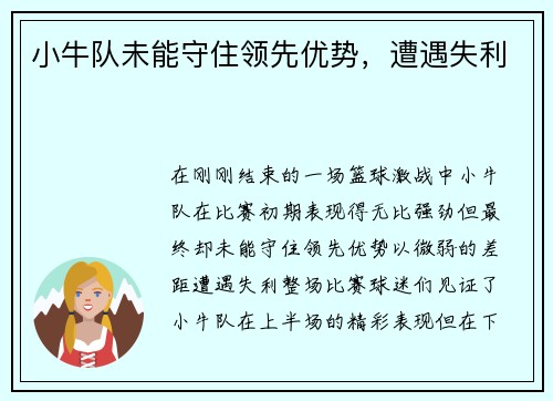 小牛队未能守住领先优势，遭遇失利