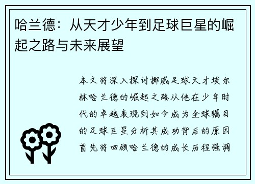 哈兰德：从天才少年到足球巨星的崛起之路与未来展望