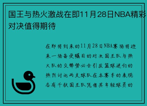 国王与热火激战在即11月28日NBA精彩对决值得期待