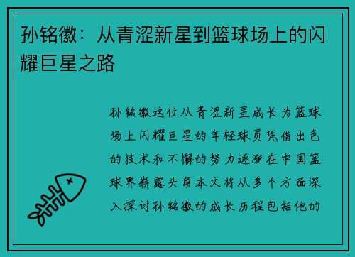 孙铭徽：从青涩新星到篮球场上的闪耀巨星之路