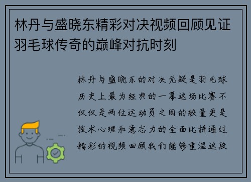林丹与盛晓东精彩对决视频回顾见证羽毛球传奇的巅峰对抗时刻