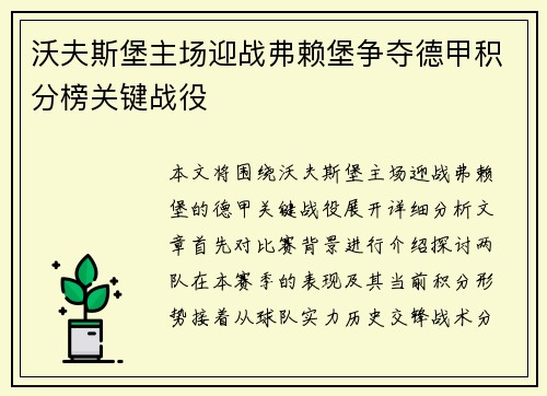 沃夫斯堡主场迎战弗赖堡争夺德甲积分榜关键战役
