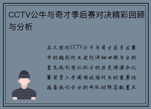 CCTV公牛与奇才季后赛对决精彩回顾与分析