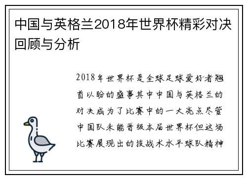 中国与英格兰2018年世界杯精彩对决回顾与分析