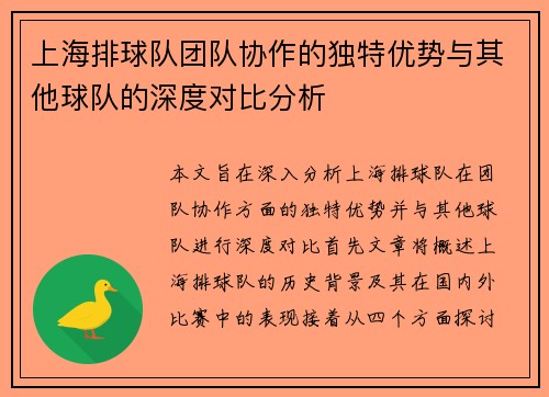 上海排球队团队协作的独特优势与其他球队的深度对比分析
