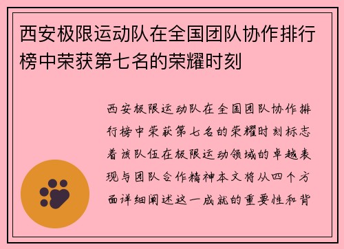 西安极限运动队在全国团队协作排行榜中荣获第七名的荣耀时刻