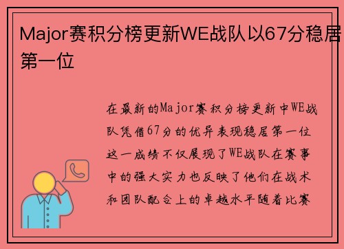Major赛积分榜更新WE战队以67分稳居第一位