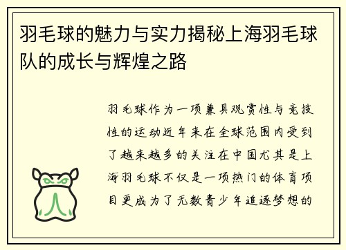 羽毛球的魅力与实力揭秘上海羽毛球队的成长与辉煌之路